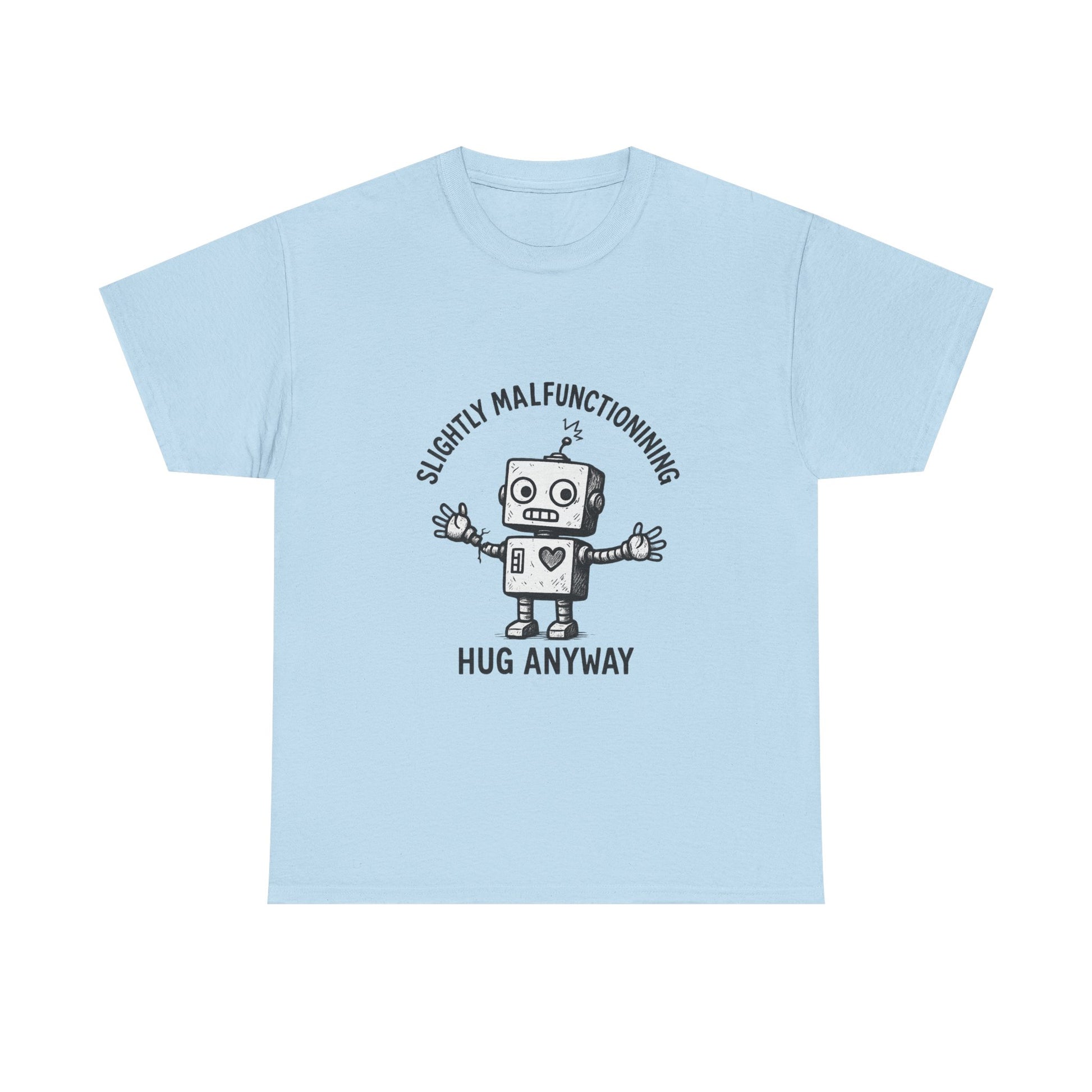 Light blue t-shirt with a robot graphic and text on a white background