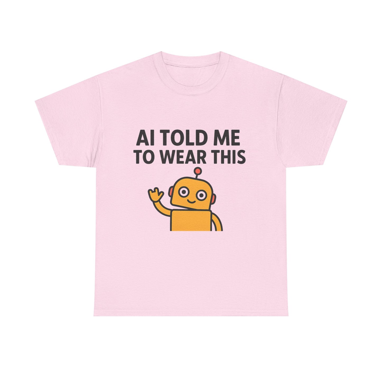 Pink t-shirt with a robot graphic and text on a white background