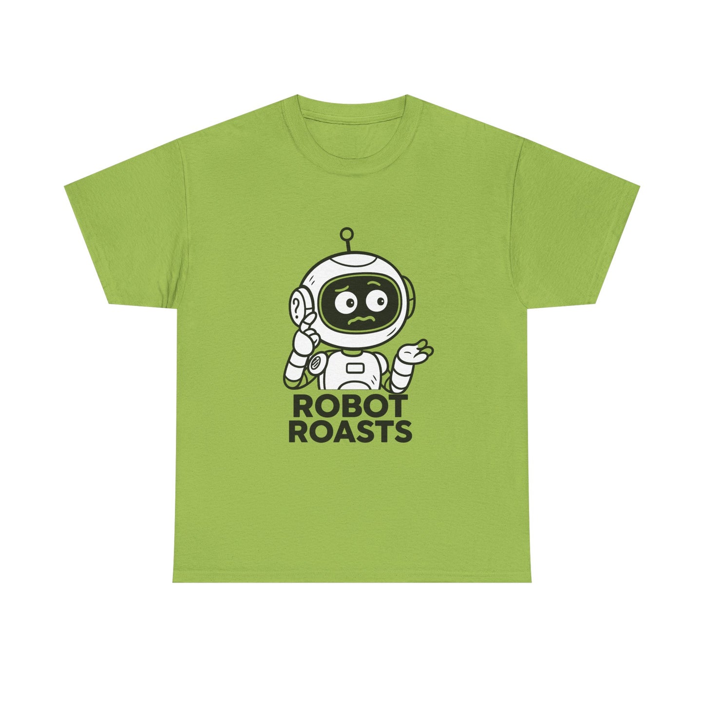 Green t-shirt with a robot graphic and 'Robot Roasts' text on a white background