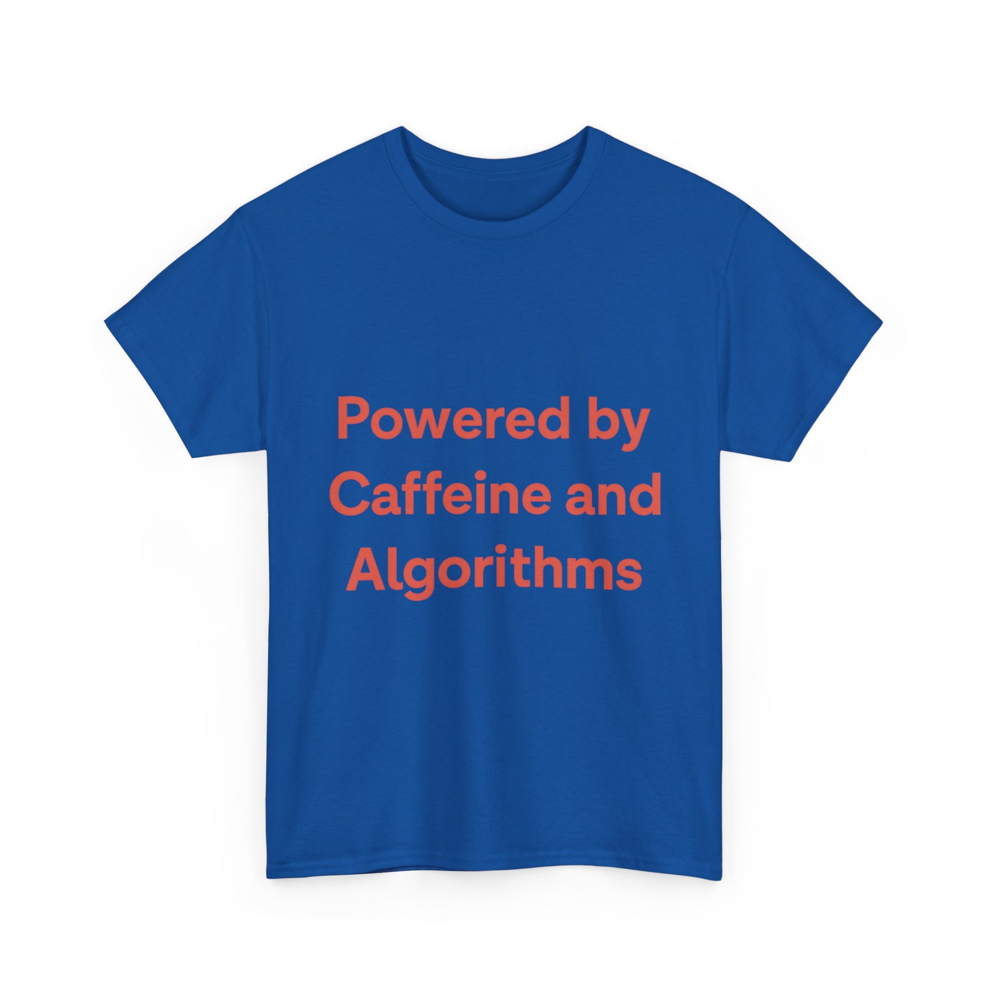 Blue t-shirt with red text 'Powered by Caffeine and Algorithms' on a white background