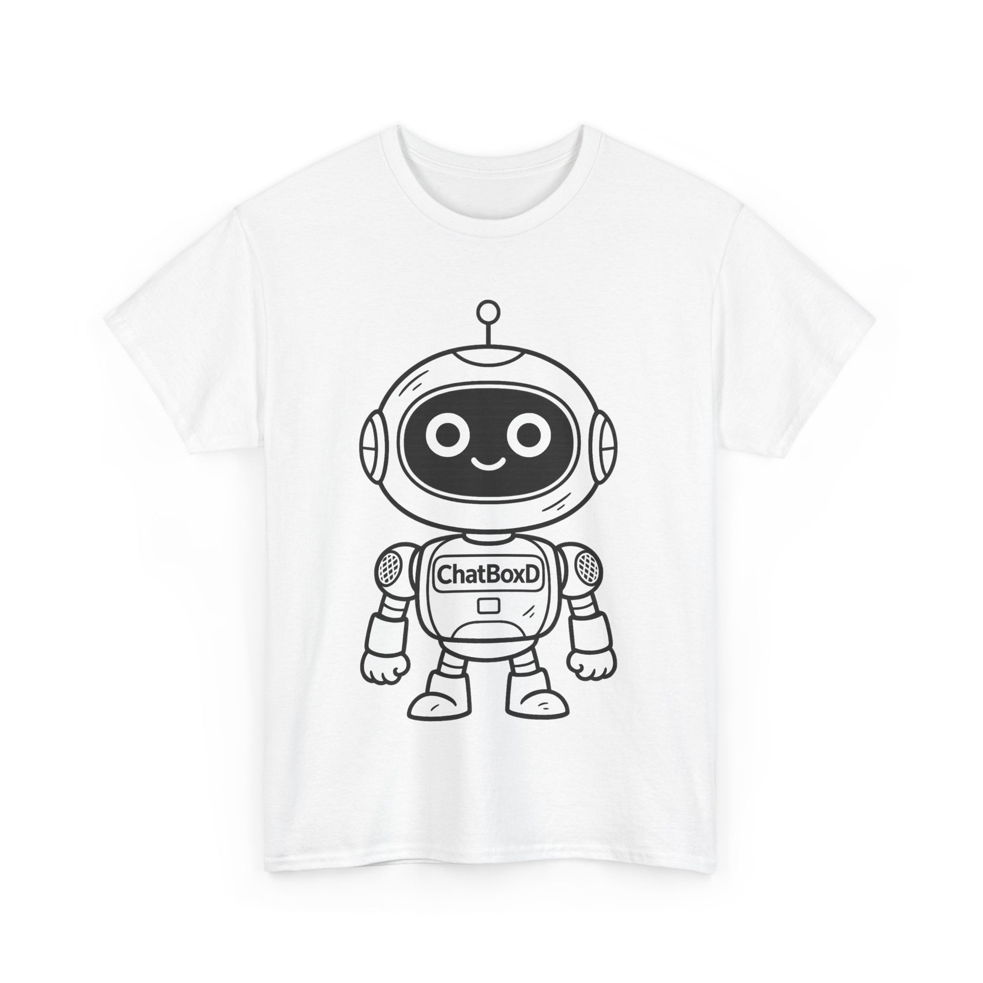 White t-shirt with a black robot graphic and 'ChatBox' text on a white background