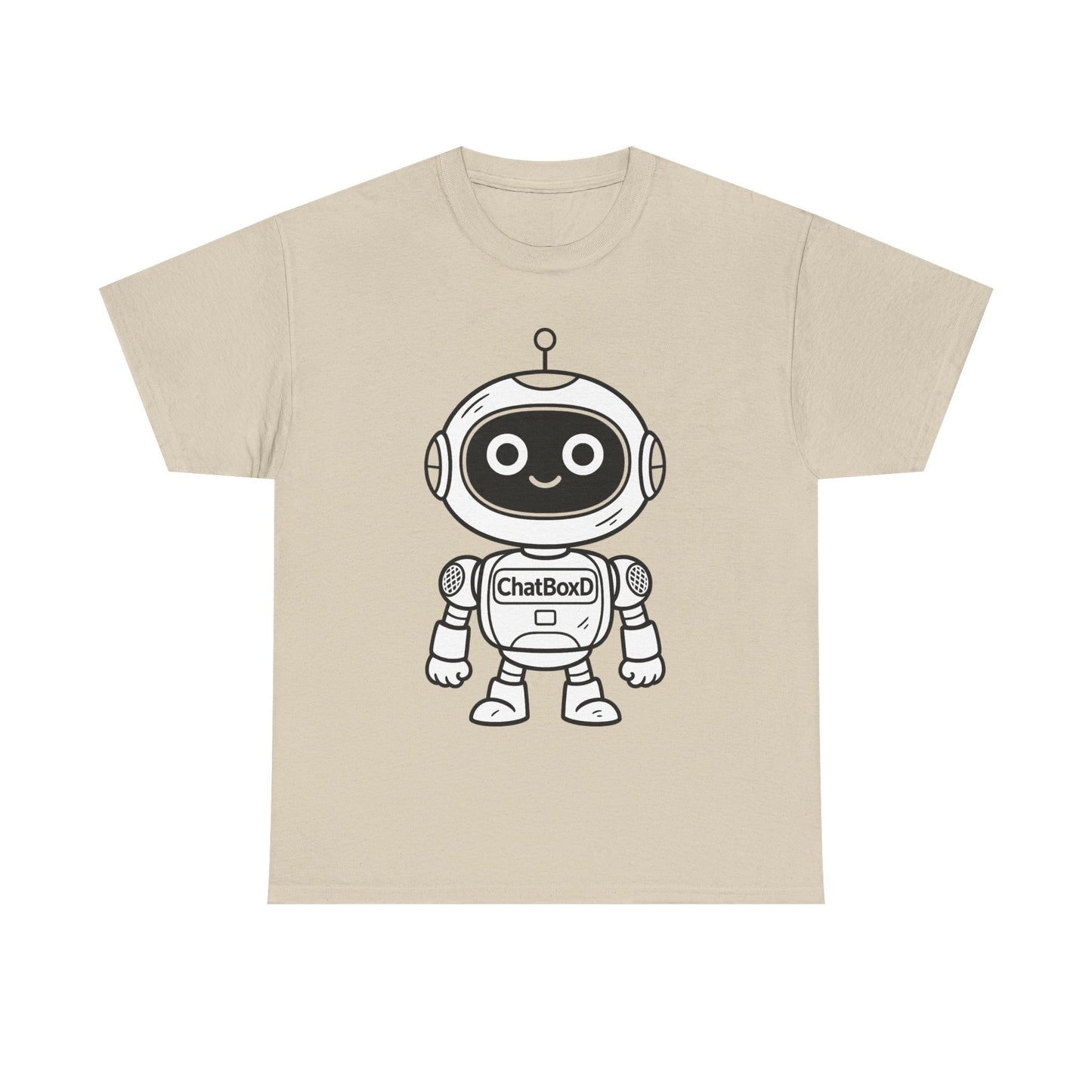 Beige t-shirt with a robot graphic and 'ChatBoxD' text on a white background