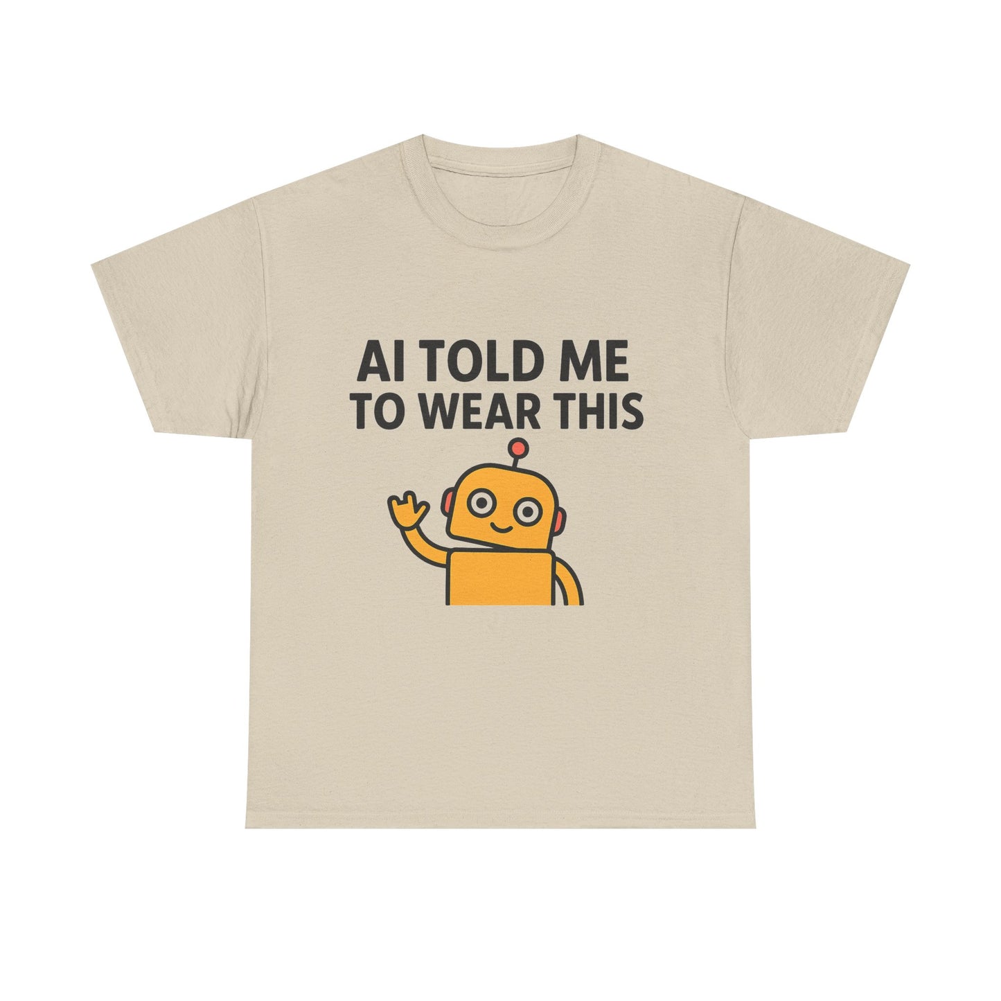 Beige t-shirt with a robot graphic and text on a white background