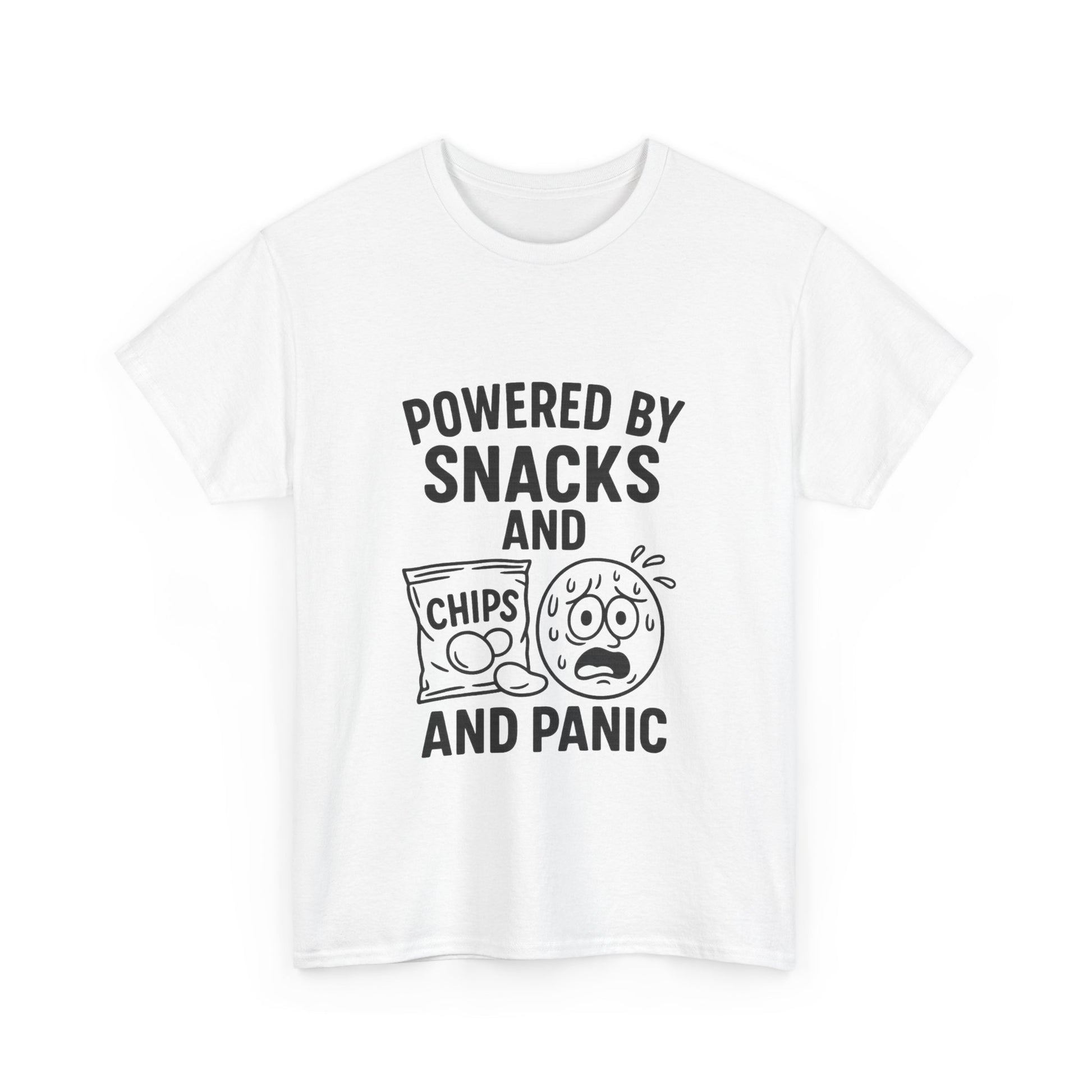 White t-shirt with black text and graphics on a white background