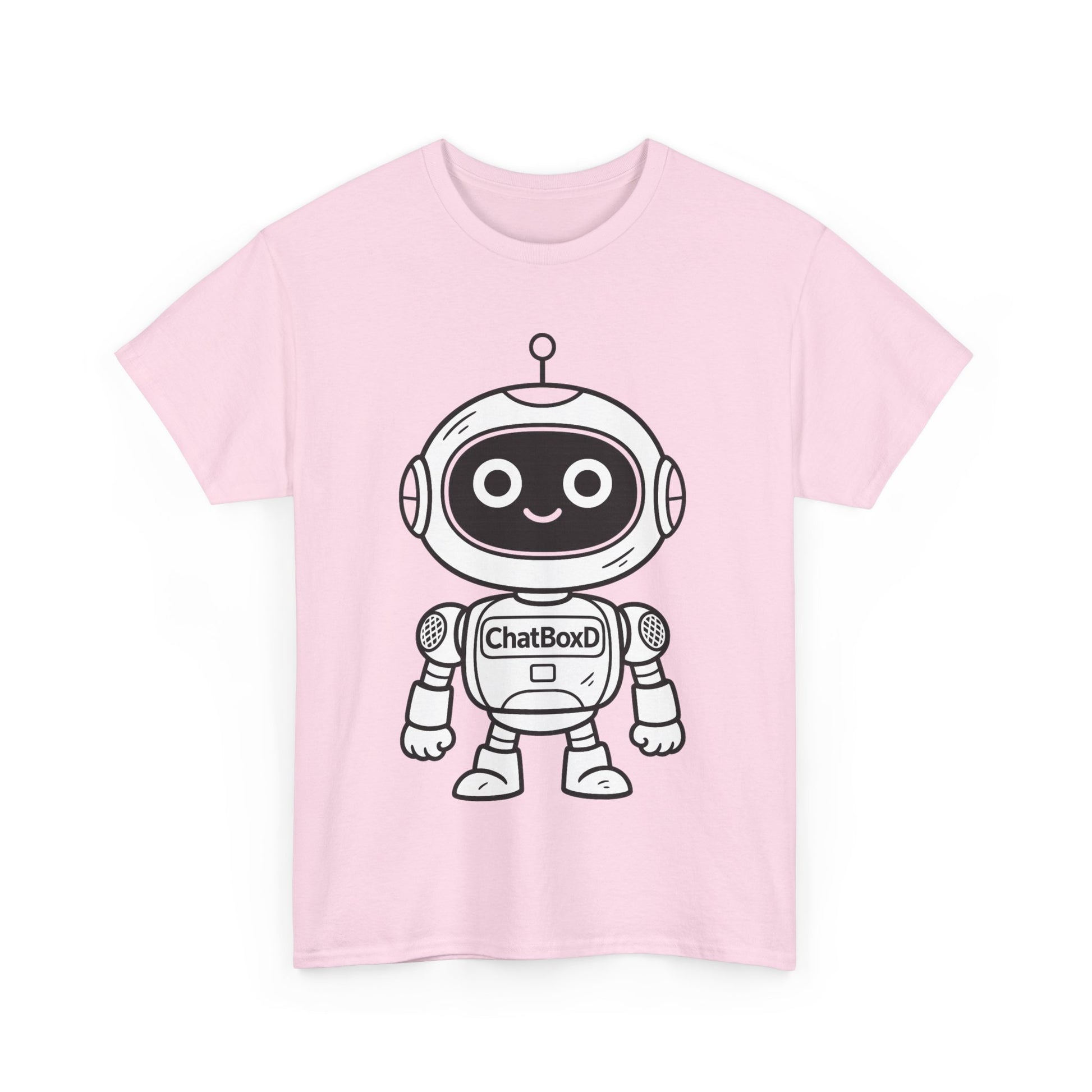 Pink t-shirt with a robot graphic and 'ChatBoxD' text on a white background
