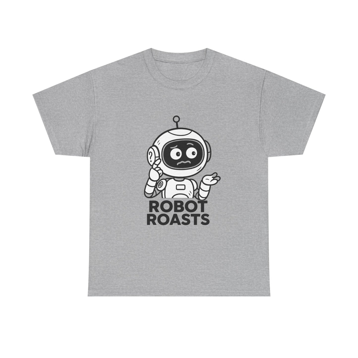 Gray t-shirt with a robot graphic and 'Robot Roasts' text on a white background