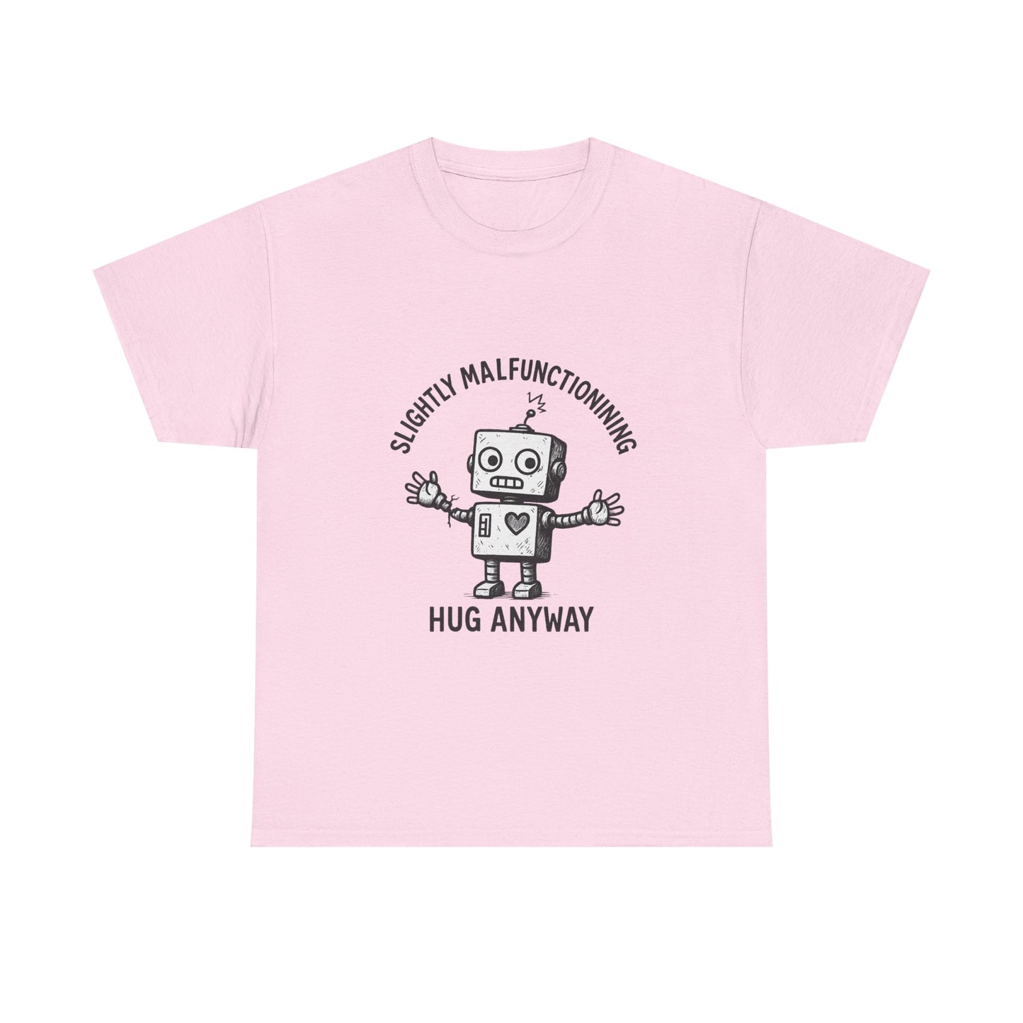 Pink t-shirt with a robot graphic and text on a white background