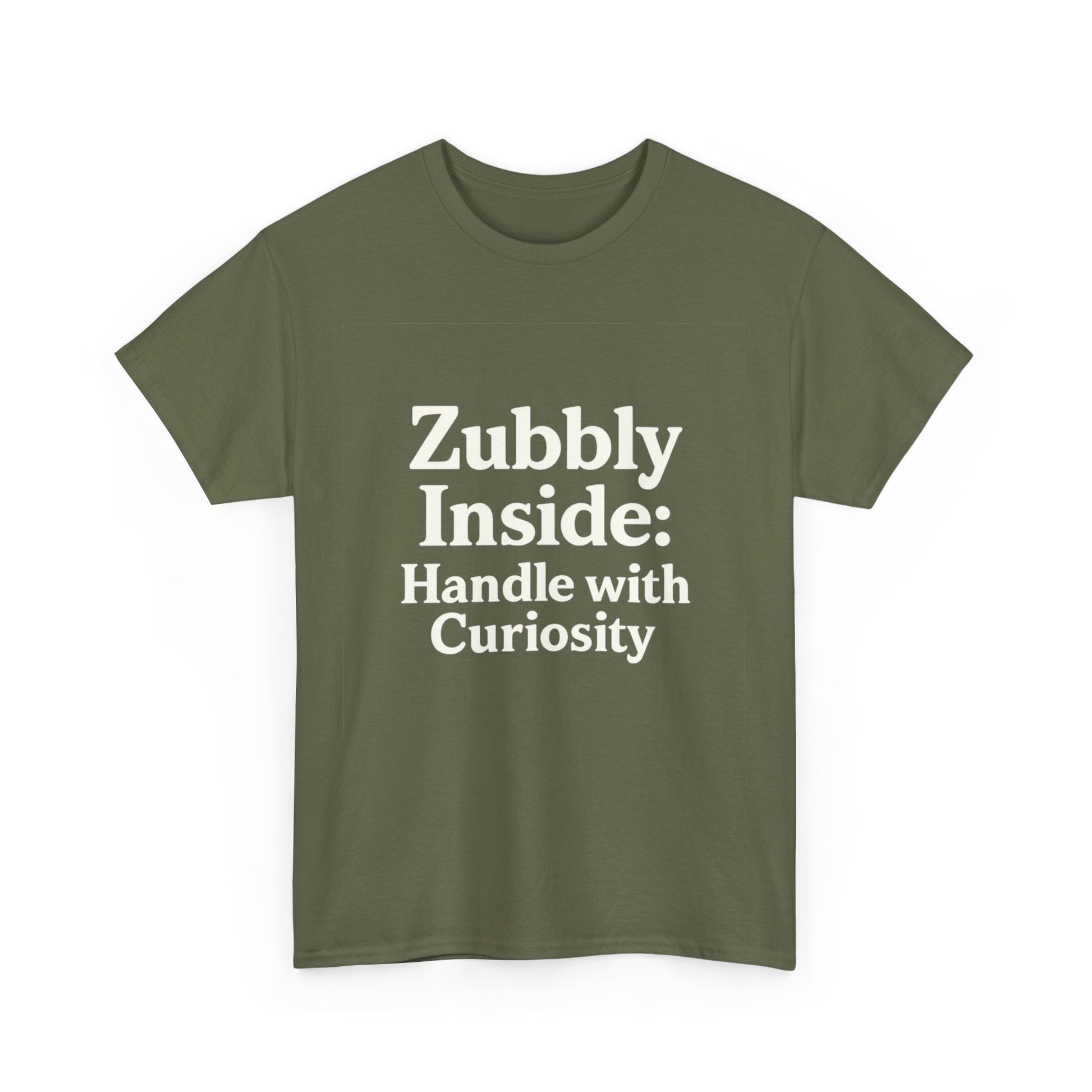 Green t-shirt with white text on a white background