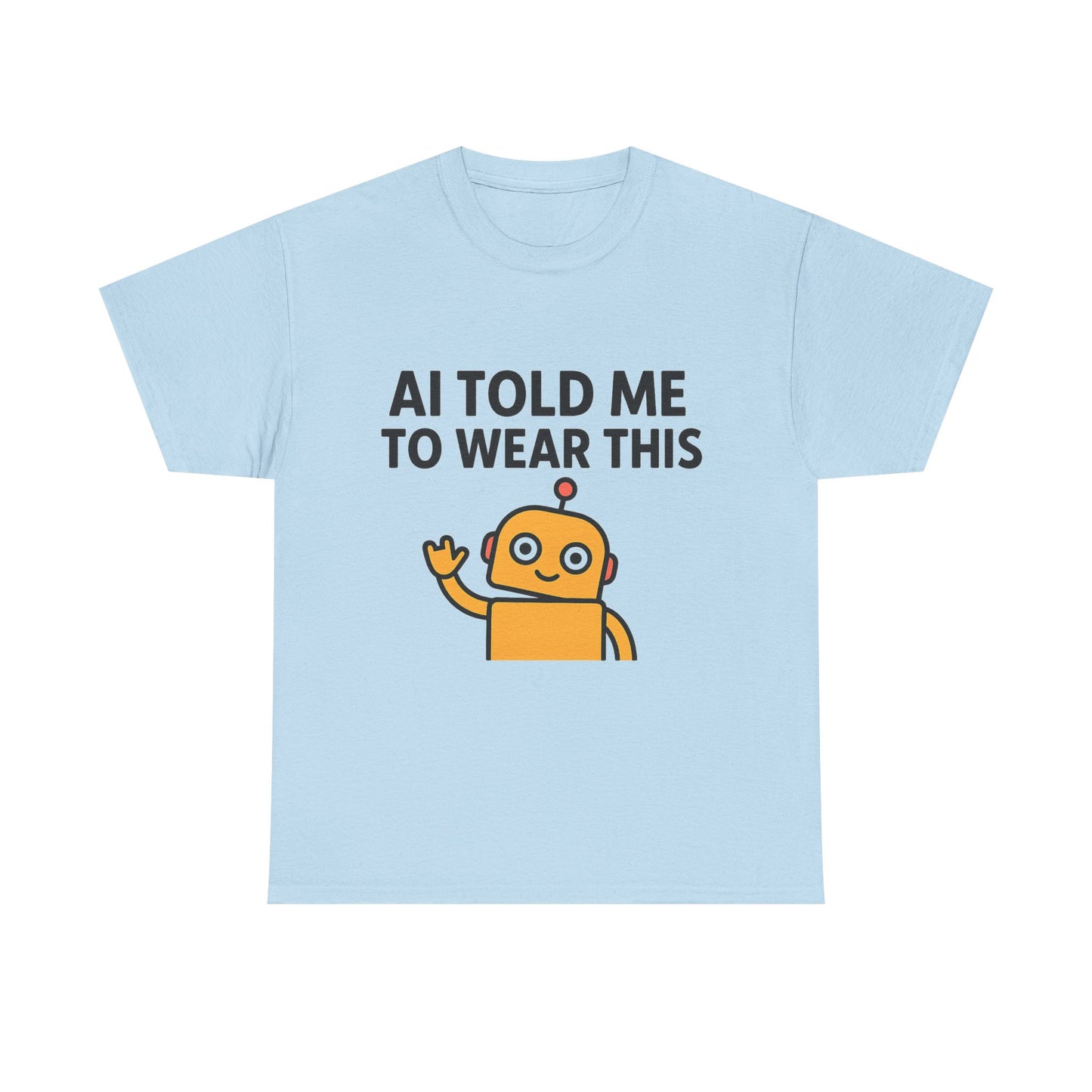 Light blue t-shirt with a robot graphic and text on a white background