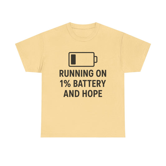 Beige t-shirt with a battery graphic and text on a white background