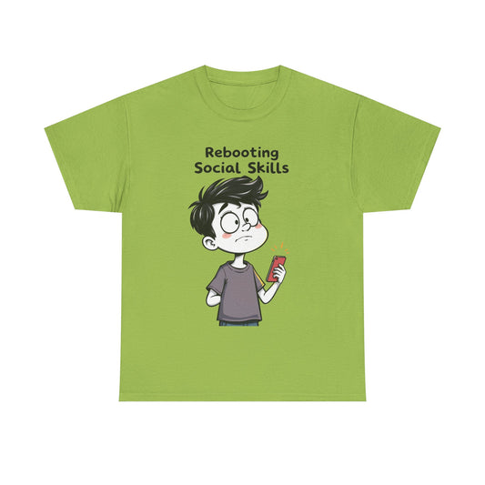 Funny AI-themed green t-shirt with cartoon character and ‘Rebooting Social Skills’ text on white background