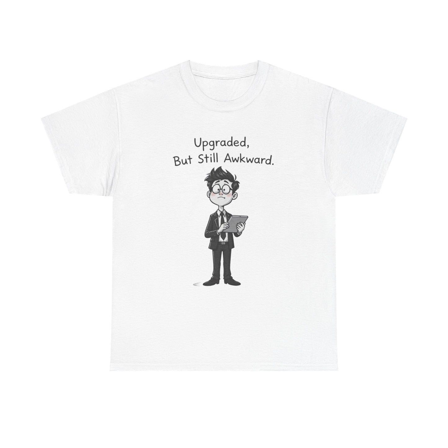 Funny t-shirt with a graphic of a person holding a tablet and text 'Upgraded, But Still Awkward' 