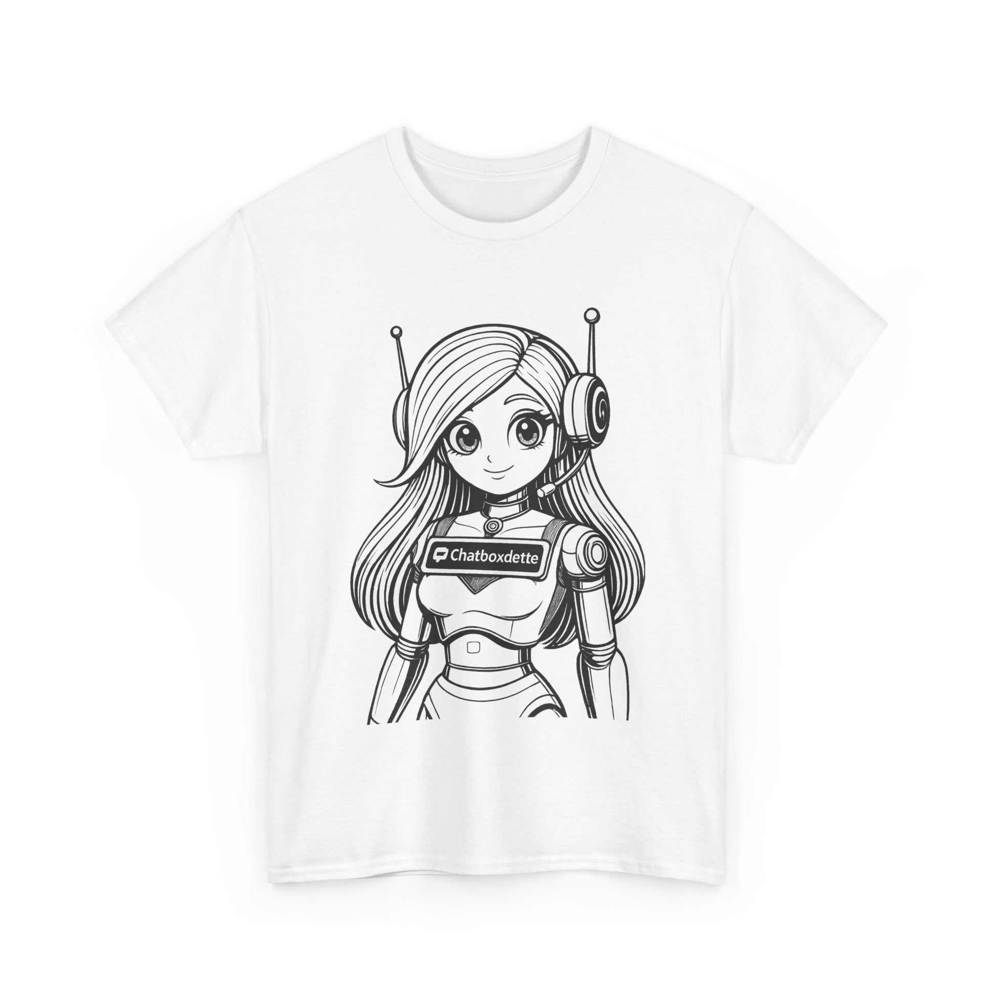 White t-shirt with a black and white illustration of a robot girl on a white background