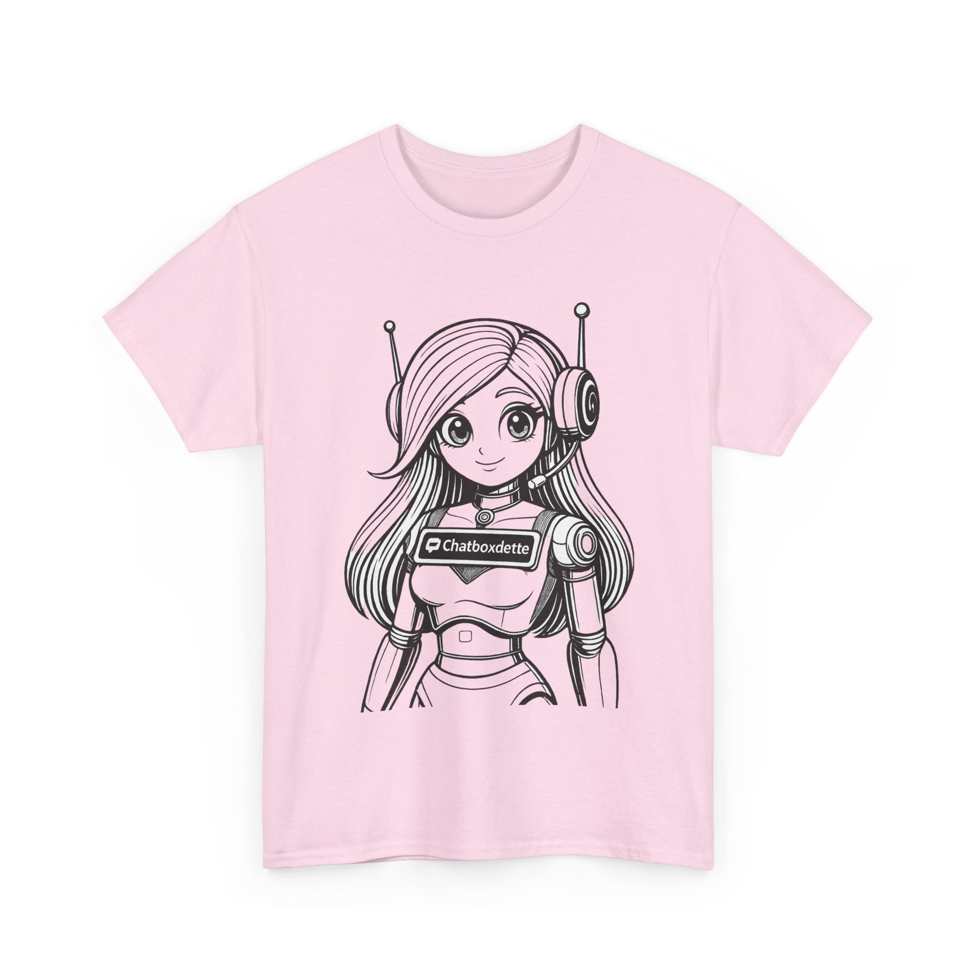Pink t-shirt with an anime-style character design on a white background