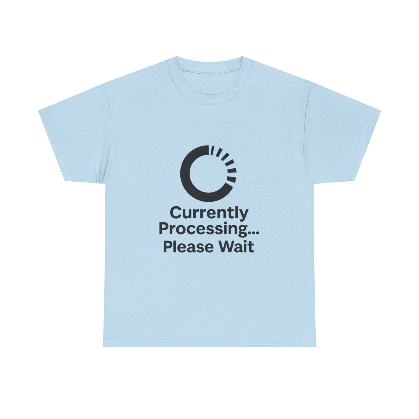 Light blue t-shirt with black text and logo on a white background
