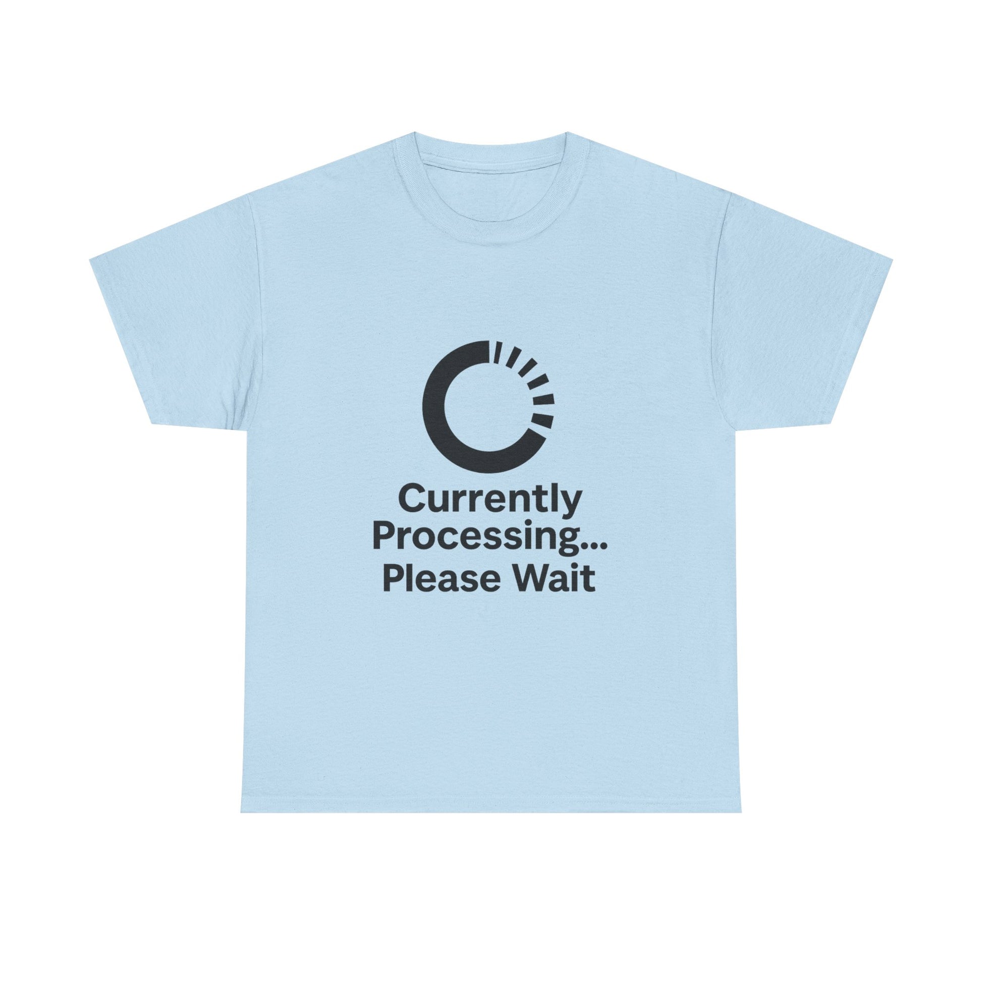 Light blue t-shirt with black text and logo on a white background