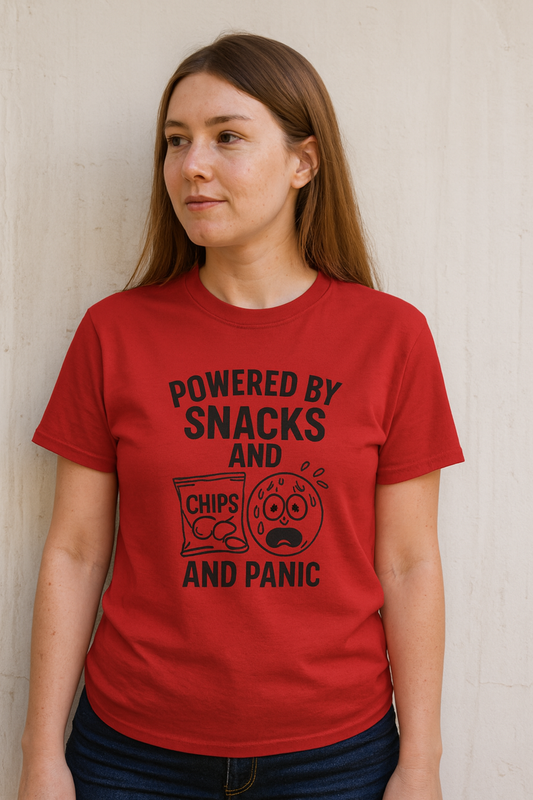 Snacks & Panic Tee  | Funny AI T-Shirt for Gamers & Coders