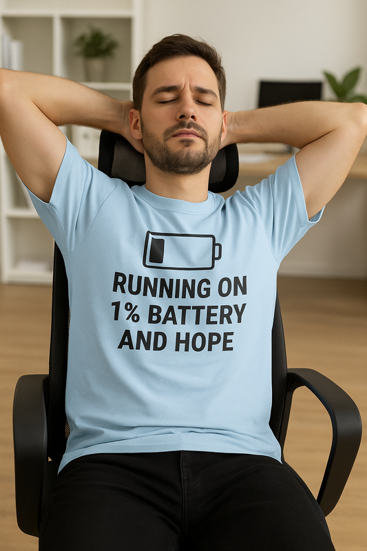 Running on 1% Battery Tee  | Funny AI T-Shirt for Gamers & Coders