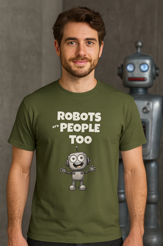 Robots Are People Too 2 Tee | Funny AI T-Shirt for Gamers & Coders